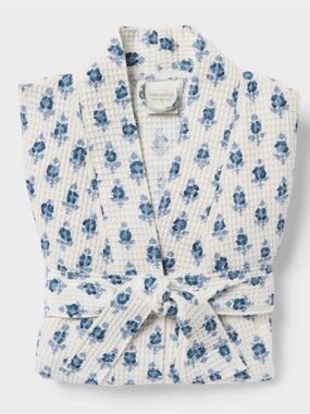 New Threshold Floral Waffle Bath Robe Blue/Cream - S/M